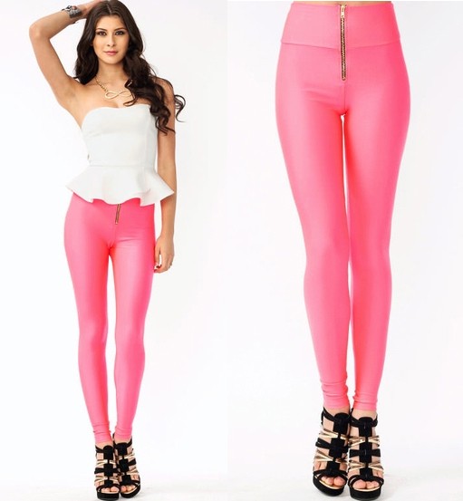 Front Zipper Shiny Finish Color High Waist Skinny Sexy Trends Leggings Pants